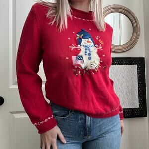 90s Y2K Christopher & Banks Red Snowman Embroidered Knit Xmas Sweater Sz M